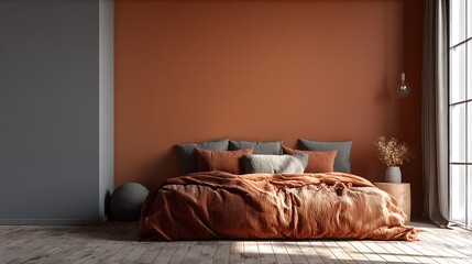 Poster - Modern bedrroom with monochrome neutral terracotta empty wall for mockups, contemporary interior design with trendy wall color, bed and pillows