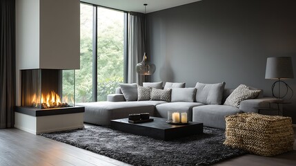 Poster - Modern and cozy living room with grey corner sofa and glass fireplace