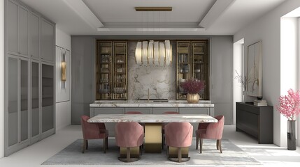 Poster - mock up of a dining area with a kitchen cabinet and a luxurious gray dining table set