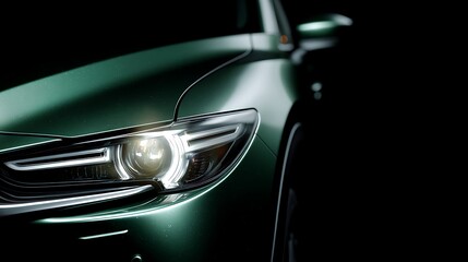 Poster - Minimal copy space, edge of green car, close up bokeh photoshoot for dark background product advertising