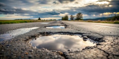 Poster - A damaged asphalt road surface reflects a cloudy sunset, showcasing potholes filled with rainwater.