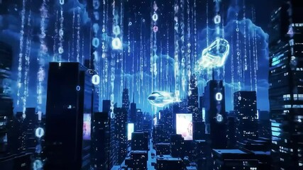 Poster - Futuristic City Skyline at Night with Digital Cloud and Data Rain Effects

