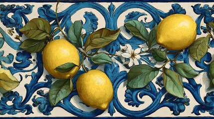 Poster - Mediterranean italian tile with blue ornament, plants and basil leaves and yellow lemons, painted with paints