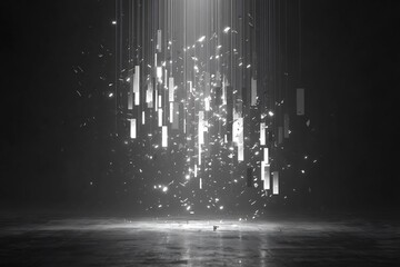 Poster - Abstract Monochrome Composition with Suspended Rectangles and Particle Effects