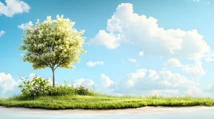 Poster - Lone Majestic Tree Standing Tall and Proud in a Tranquil Green Field Symbolizing Strength Resilience and Solitude with Ample Copy Space