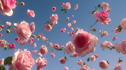 Poster - Many delicate tender pink big and small open and closed red roses, flowers and buds levitating, blue sky background