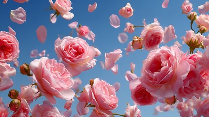 Poster - Many delicate tender pink big and small open and closed red roses, flowers and buds levitating, blue sky background