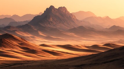 Aufkleber - Majestic landscape of sand sun and rocky peaks at sunset, golden horizons, panoramic view of arid desert bathed in warmth of setting sun, endless sands, journey vast and serene at dusk