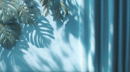 Aufkleber - Light blue background with shadows of tropical leaves and curtains on a plaster wall for product presentation