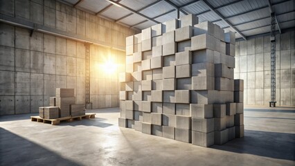Aufkleber - Sunlit Industrial Space Featuring a Large-Scale Modular Concrete Block Installation and Smaller Stacked Cubes on a Pallet