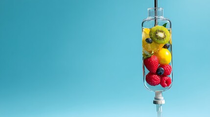 Poster - Iv drip filled with fruits isolated on blue background, iv vitamin therapy concept