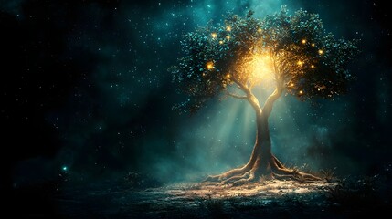 Poster - Glowing Tree in Nighttime Forest Depicting the Spiritual and Environmental Significance of Forests  Ethereal Landscape with Serene Atmosphere and Copy Space