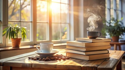 Poster - Morning Sunlight Illuminates a Cozy Tabletop Scene with Books, Coffee, and Roasted Nuts