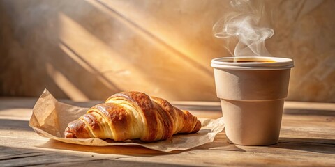 Poster - Warm Morning Light Illuminates a Freshly Baked Croissant and Steaming Cup of Coffee on Rustic Wooden Surface