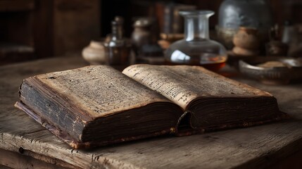 Poster - Image of open antique book over wooden table