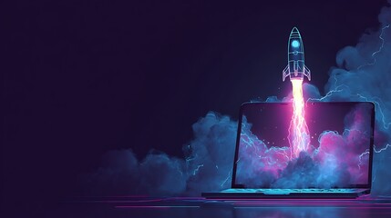 Poster - Illustration of rocket taking off from laptop screen