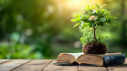 Poster - Old open book with a young green tree growing from its pages symbolizing the relationship between knowledge the environment and sustainability