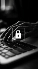 Poster - Close-up of hand typing on keyboard, padlock icon overlaid, symbolizing online security and data protection