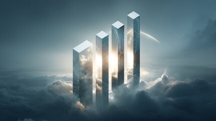 Poster - Abstract diagram representing growth reaching towards sky over cloudscape
