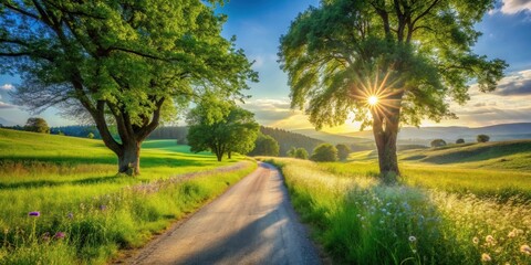 Aufkleber - Serene Sunset Landscape A Picturesque Country Road Winding Through Lush Green Meadows, Flanked by Majestic Trees, Bathed in the Golden Rays of the Setting Sun