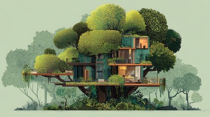 Poster - Illustration of fururistic tree house surrounded by greenery