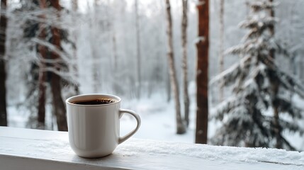 Poster - Hot coffee in a white mug on a white table against the backdrop of a snowy morning forest