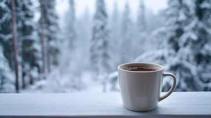 Poster - Hot coffee in a white mug on a white table against the backdrop of a snowy morning forest