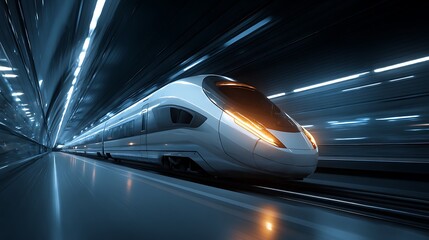 Fototapete - High, speed futuristic train rushing at high speed in a tunnel with bright lights