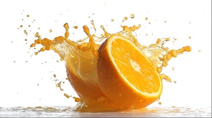 Poster - Half of a ripe orange fruit with orange juice splash water isolated on white background