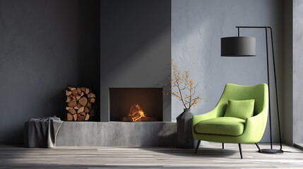 Poster - gray living room with green armchair fireplace firewood and lamp
