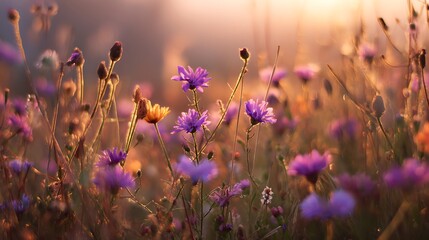 Poster - Wildflowers in sunset light, blooming spring meadow