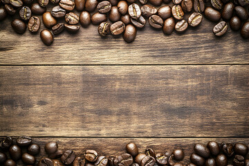 Aufkleber - Aromatic coffee beans border a rustic wooden background, perfect for menu designs or coffee-themed projects.