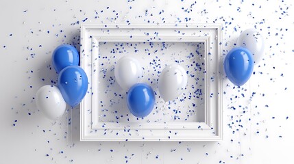 Poster - White frame on white background with blue balloons and confetti