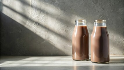 Poster - Two glass bottles of chocolate milk illuminated by sunlight against a textured background.