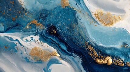 Poster - White, blue liquid marble with gold splashes, liquid art