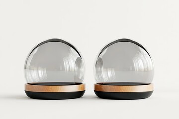Two clear glass orbs on wooden bases.  Empty display spheres, modern design