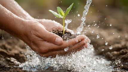 Poster - Watering hands hands cupping and pouring water into a seedling, symbolizing growth and nurturing