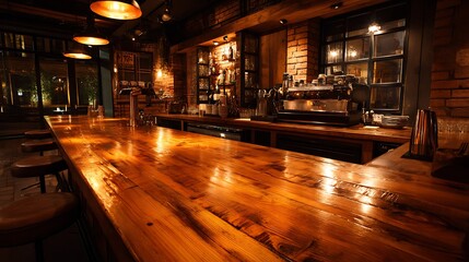 Poster - Warm wooden counter in a rustic style bar with ambient lighting