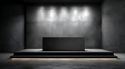 Poster - Wall with stage for product display on dark background, dark stone podium, minimalism style