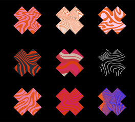 Fototapete - Vector illustration featuring cross shapes, each filled with different colorful and wavy abstract patterns in vibrant hues, against a black background. Perfect for modern, playful, creative design 