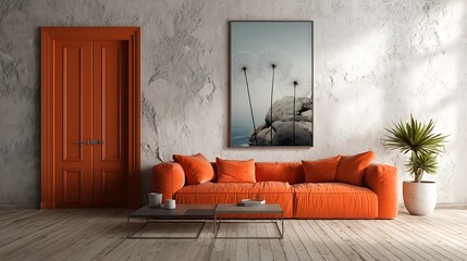 Poster - vivid orange sofa and art poster on stucco wall, interior design of modern loft living room
