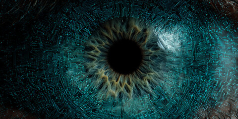 Poster - Close-up of eye with circuit board overlay, dark brown iris, teal circuit pattern, symbolizes technological integration, biometrics, digital future, futuristic concept