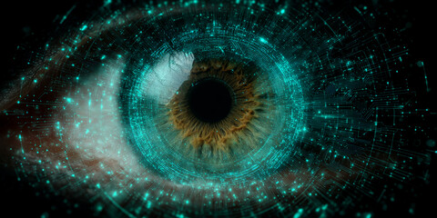 Poster - Close-up of eye with teal circuit overlay, depicting technological integration with human biology, symbolizing AI, future, innovation, and digital transformation