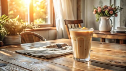 Poster - A refreshing creamy beverage sits on a rustic wooden table bathed in warm sunlight, near a window with sheer curtains, in a cozy home setting