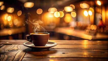 Poster - Aromatic Coffee Steam Rising from a Cup on a Rustic Wooden Table in a Warmly Lit Cafe