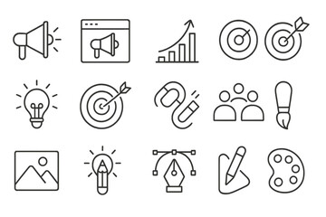 Poster - Vector icons representing communication, creativity, teamwork, and growth in a minimalist design suitable for digital use