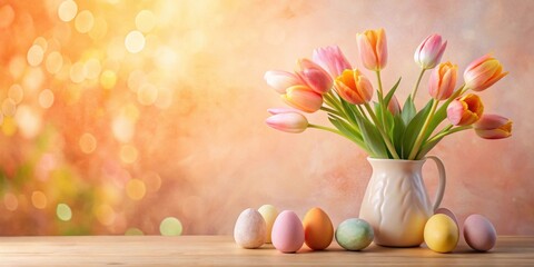 Aufkleber - A Springtime Still Life Featuring Pastel-Colored Eggs and a Bouquet of Tulips in a Cream-Colored Pitcher on a Wooden Table Against a Soft, Bokeh Background