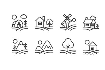 Poster - Vector icons depicting various rural landscapes with houses, mountains, and trees in simple line style