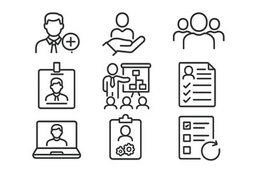 Poster - Vector icon collection depicting professional activities, collaboration, and online interaction in a business setting