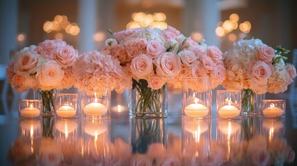 Poster - A beautiful arrangement of pink roses and white flowers is displayed on a table, complemented by glowing candles casting a warm light, creating a romantic atmosphere for a special gathering.